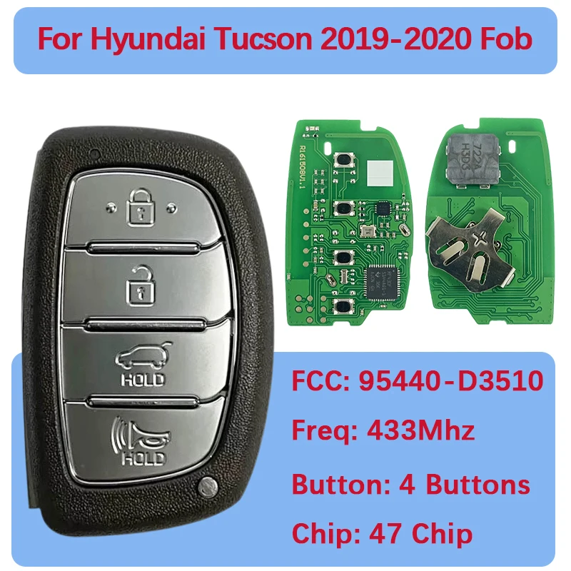 

CN020143 Послепродажный 4-кнопочный смарт-брелок 47 чипов 433 МГц FCC 95440-D3510 TQ8-FOB-4F11 для Hyundai Tucson 2019-2020