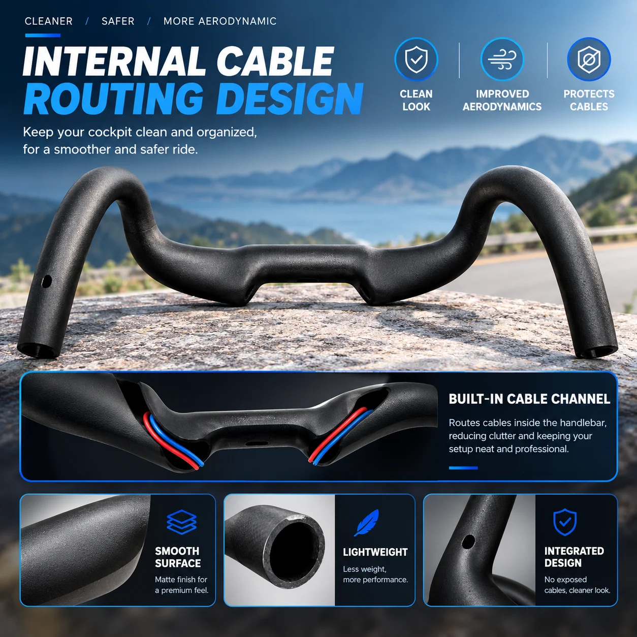 Full Carbon T1000 Road Handlebar 30mm Rise Black Matte Gravel Cockpit Internal Cable Options 380/400/420mm