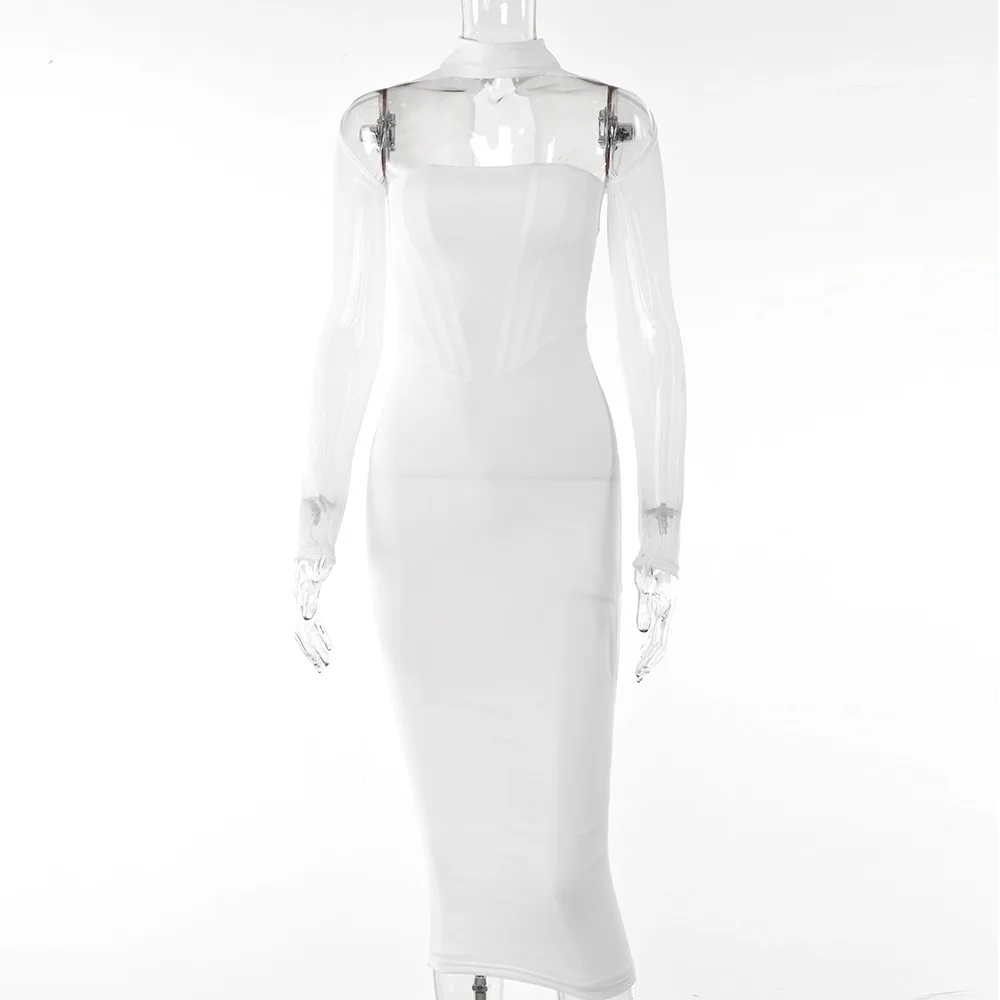 セクシーでホットな女の子向け、透かし彫りローカットミディ丈ワンピース、2024年夏新作、シアーメッシュ長袖ドレス