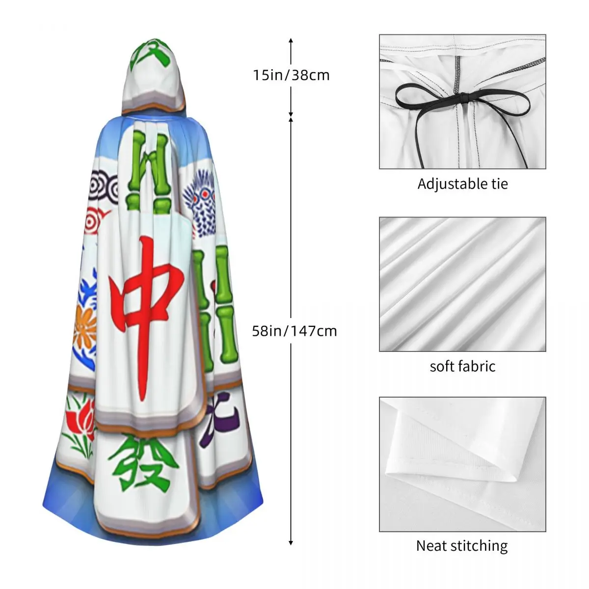 Mahjong Piastrella Modello Mantello lungo con cappuccio Strega Costume medievale Mantello cosplay Cappotto di Halloween Adulto unisex