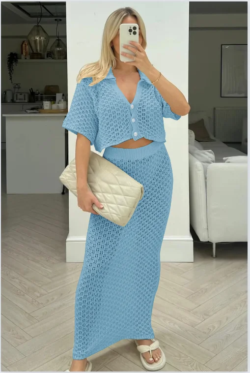 Sexy Knit Lapel Button Cardigan Skirt Suit Women Slim Short Sleeve tops Hip Package Skirts Suits Female Summer Beach Lady Sets