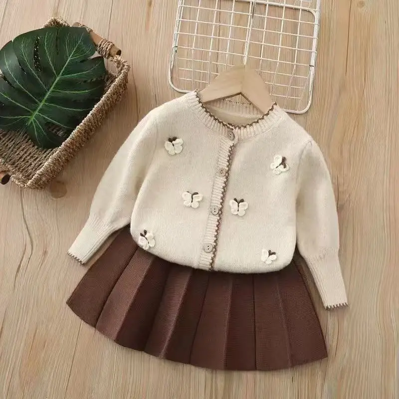 

New Spring and Autumn Kids Sweater Set 2-6Y Sweet Butterfly Girls Cardigan + Brown Skirt Korean Version Children Knitted Outfit
