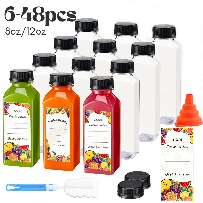 

6-48Pcs Plastic Juice Bottles with Caps 8oz/12oz Clear Reusable Beverages Container with Lids Smoothie Cup for Party School