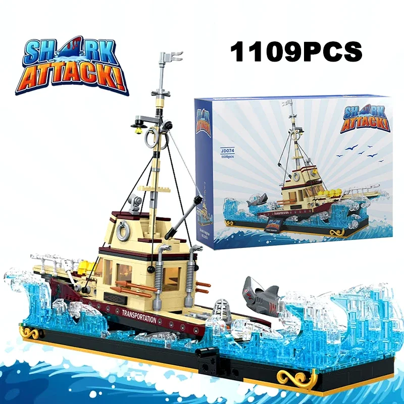 

1109PCS Creative Jaws Diorama White Shark Building Blocks Kit City Fishing Boat Pirate Ship Model Brick Puzzle Toys Kids Gift