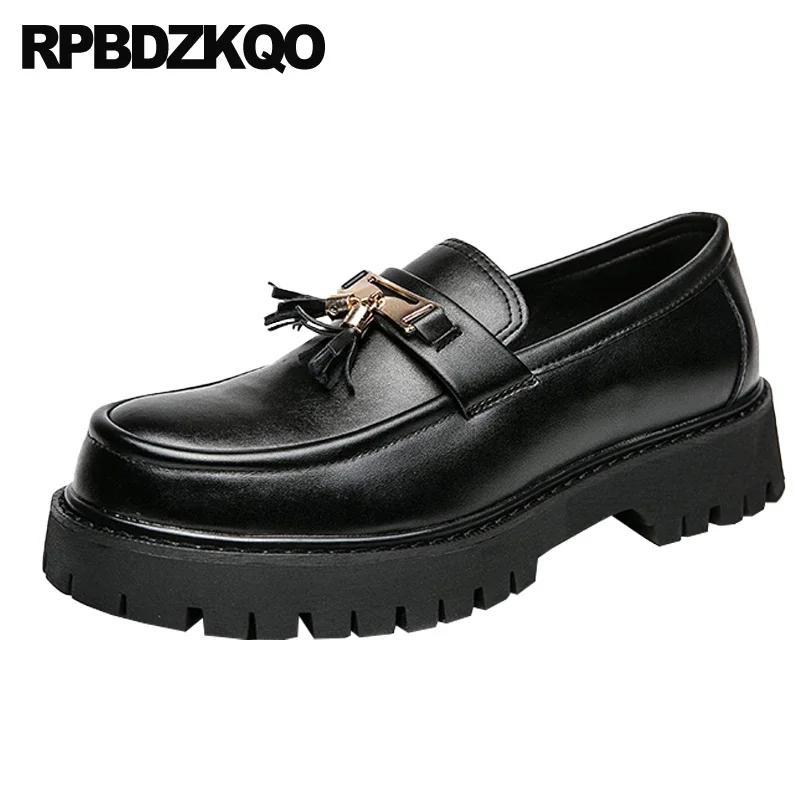 

Shallow Loafers Men Patent Leather Party Dress Shoes Slip On Catwalk High Sole Evening Footwear Fringe Full Grain Flats Tassel