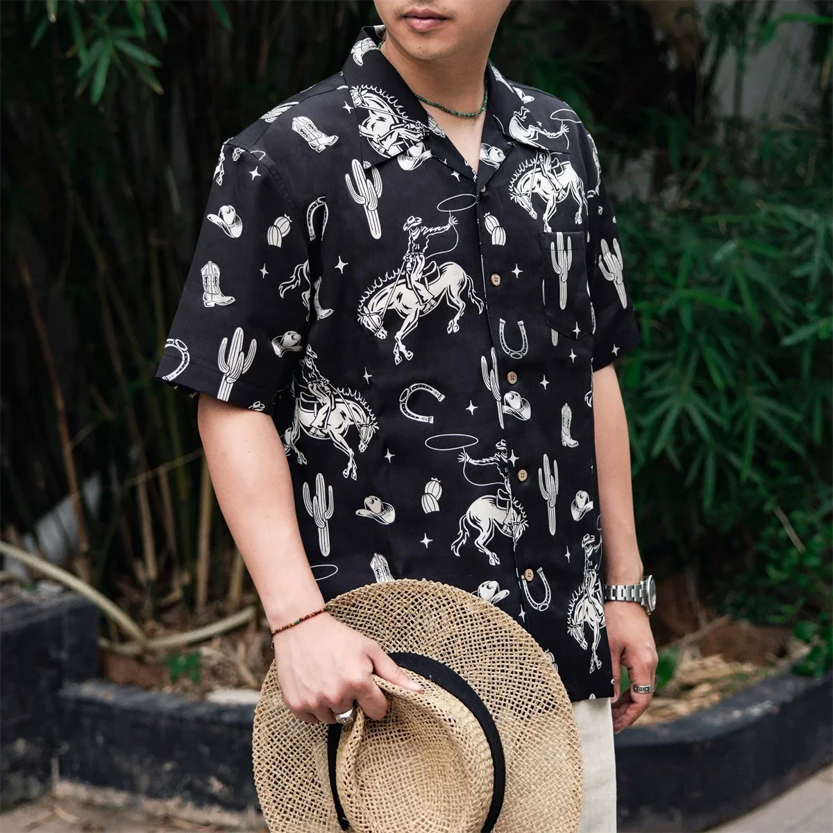 

Red Tornado Western Cowboy Print Hawaiian Shirt Black Beach Aloha Holiday Short Sleeve Tee Men