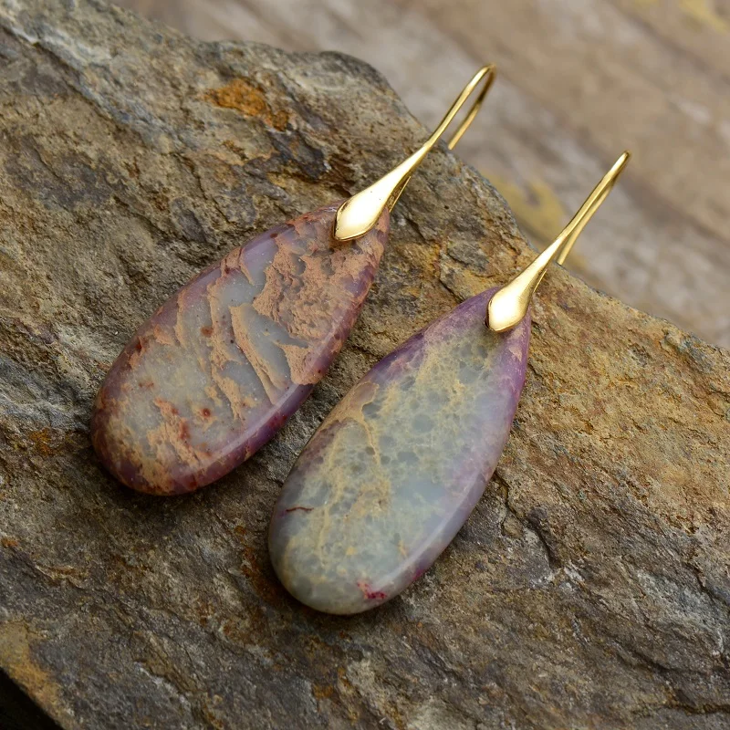 2023 Latest Gold Plated Hook Earrings Women Unique Stone Accessorios Imperial Jasper Boho Vintage Teardrop Kolczyki AliExprees