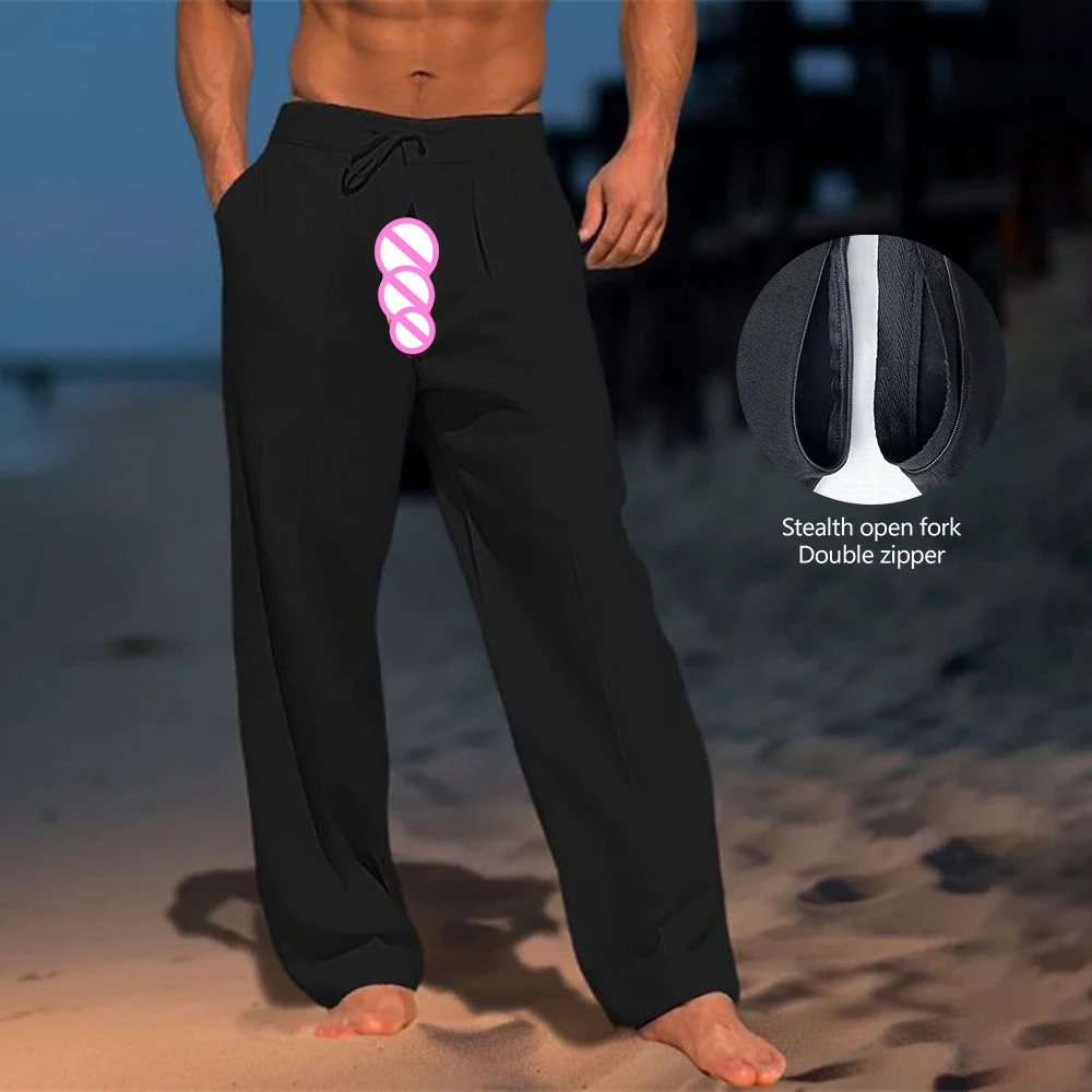 

Невидимые льняные брюки с открытой промежностью, нижние брюки для мужчин, летние пляжные брюки, однотонные удобные брюки, одежда для отпуска