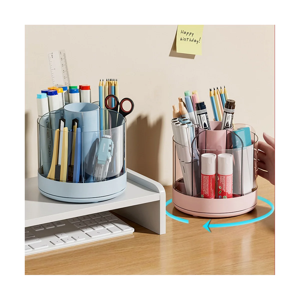 Pen Holder Organizer for Desk Cosmetic Organizer-360 Degree Rotating Pencil Holder for Paint Brush Crayon Markers Pink