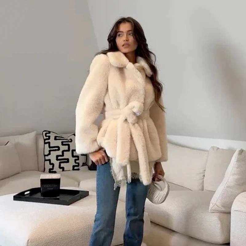 MUJER-abrigo de peluche de piel sintética para mujer, chaqueta de felpa esponjosa con cinturón, abrigo peludo cálido para invierno, prendas de vestir exteriores de manga larga para mujer, abrigos para mujer