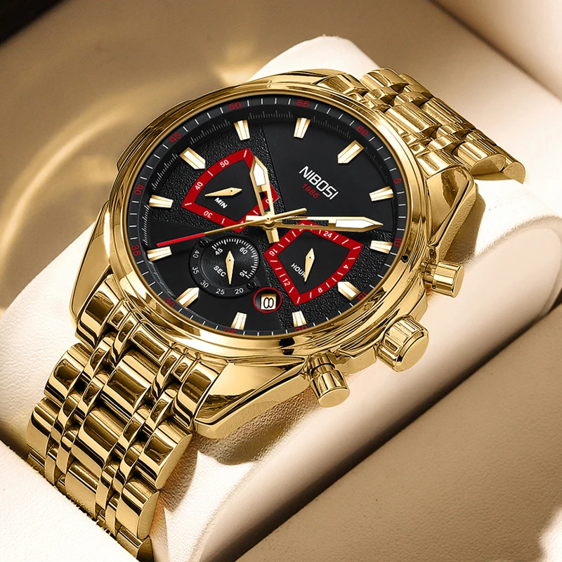 NIBOSI Mens Watches Top Brand Luxury Gold Stainless Steel Waterproof Luminous Chronograph Quartz Watch for Men Relogio Masculino