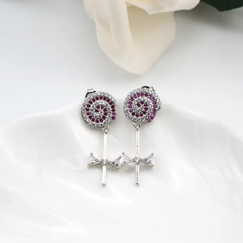 Sterling Silver Color Zircon Lollipop Ear-Sticks Women's Earrings Fashion Jewelry 2096