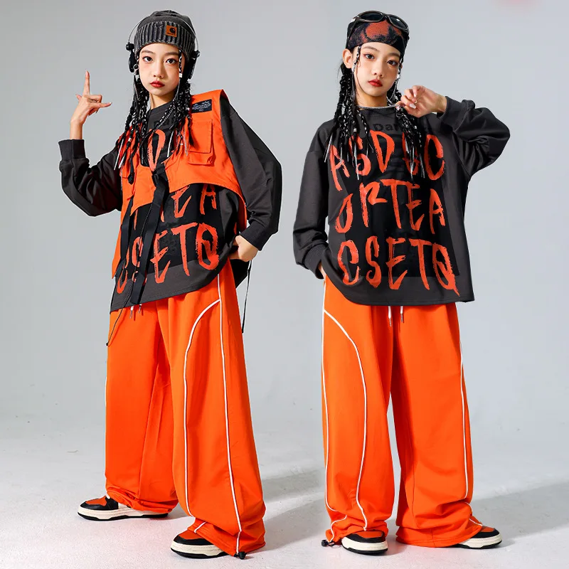 소년 힙합 세트 운동복 조끼 카고 바지 소녀 재즈 스트리트 댄스 의상 아동복 키즈 K-pop streetwear