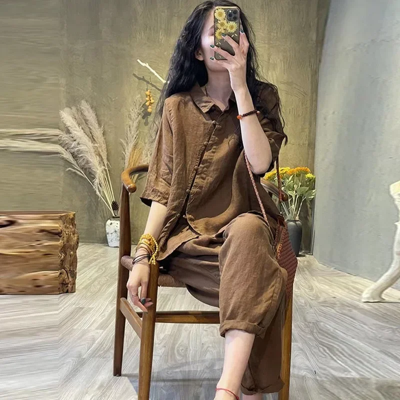 Summertime New Style Temperament Western Style Cotton and Linen Joggers Two-piece Can Be Worn Outside Pajama Set Temperament