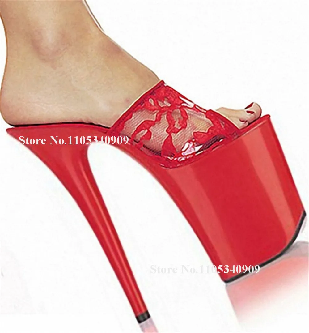 

Bondarenko Sexy Red Black Mesh Stiletto Heel Slippers Peep Toe Patent Leather Lace High Platform 20cm Thin Heel Dance Shoes