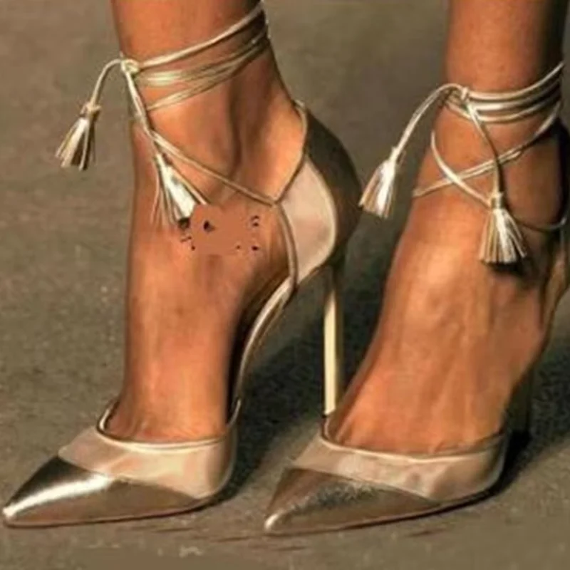 

Lace-up Champagne Satins High Heel Pumps Pointed Toe Cut-out Tassel Patchwork Dress Shoes Cut-out Wedding Party Shoes Drop Ship