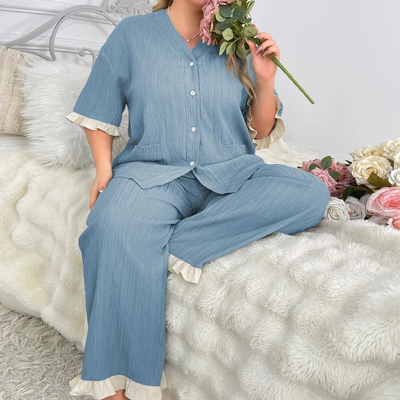 

Pajamas Suit Women Tops Pants Nightwear 2 Piece Set Homewear V Neck Pockets Sleepwear Loungewear Outfits 2025 Summer Ensemble