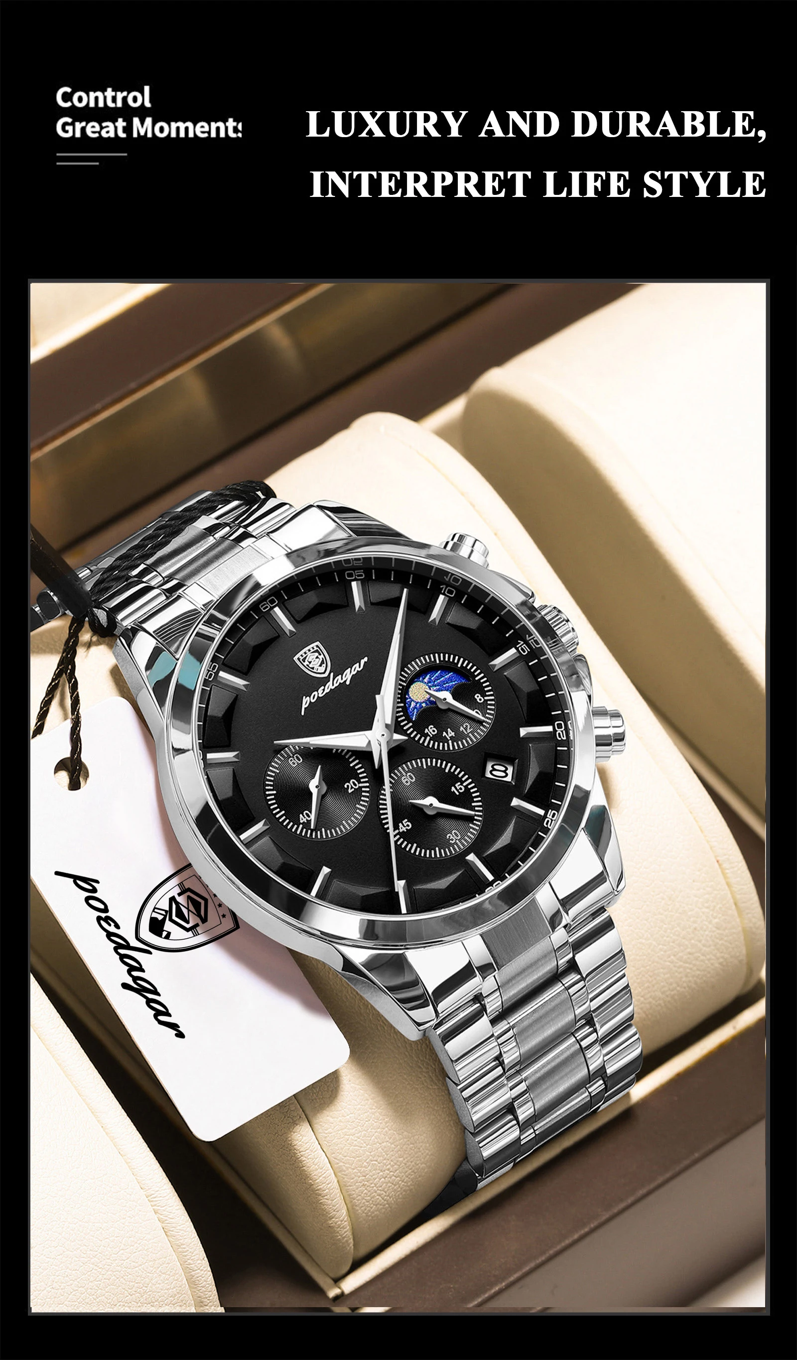 POEDAGAR Herrenuhr Wasserdicht Leuchtend Edelstahl Mode Herrenuhr Chronograph Datum Quarz Business Herrenuhren – Detail 4