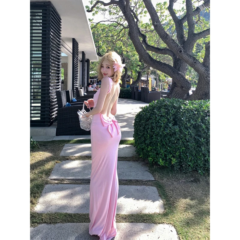 Elegancka Różowa Satynowa Długa Sukienka Damska Moda Impreza Sexy Kokarda Bez Pleców Maxi Sukienki Letnie Gyaru Wakacje Koreańska Obcisła Sukienka Vestidos