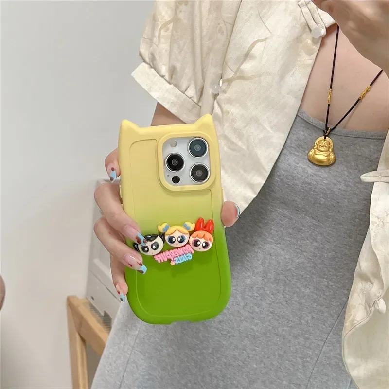 CAT EARS POWERPUFF GIRLS GRADIENT PHONE CASE FOR IPHONE 11 12 13 14 15 PRO MAX PLUS TOY DIY CUTE CARTOON COVER FUNDA