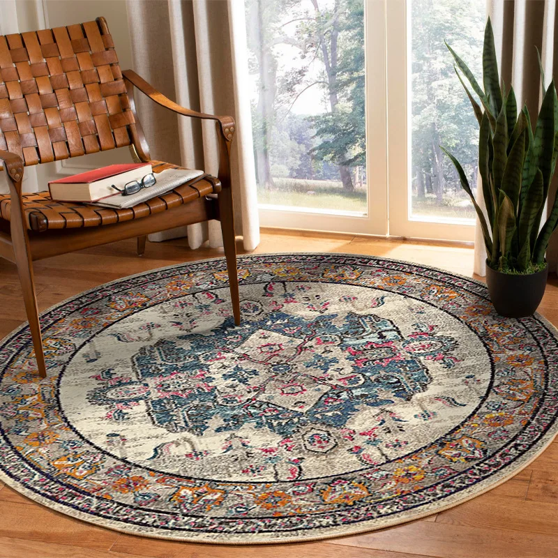 VIKAMA Round Boho Living Room Carpet Ethnic Style Full Cover Bedroom Study Floor Mat Home Rocking Chair Non-Slip Carpet