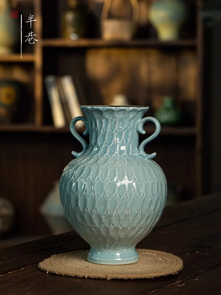 

European ceramic vase, American flower arrangement, living room dining table, blue double ear Chinese decorative ornament