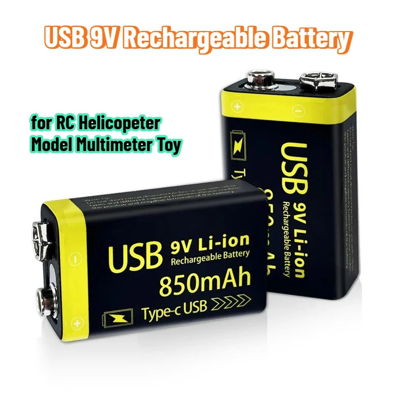 

USB 9V Rechargeable Battery 850mAh Type-C Rechargeable 6F22 9V Li-ion Battery for RC Helicopeter Model Multimeter Toy