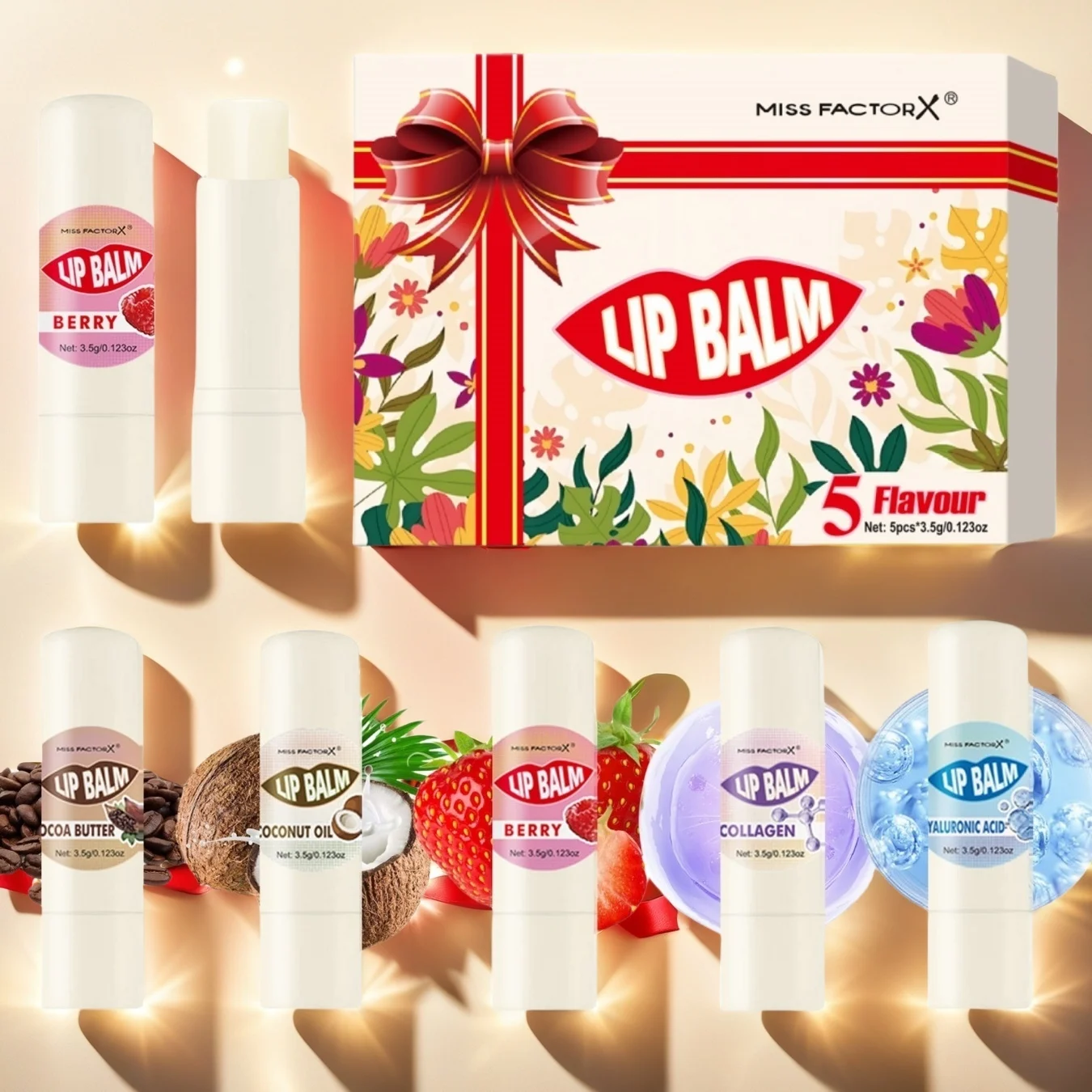 Premium gift set 5PCS/box Lip balm set Hyaluronic acid Long-lasting moisturizing Glossy Suitable for dry lips Valentine’s Day gi