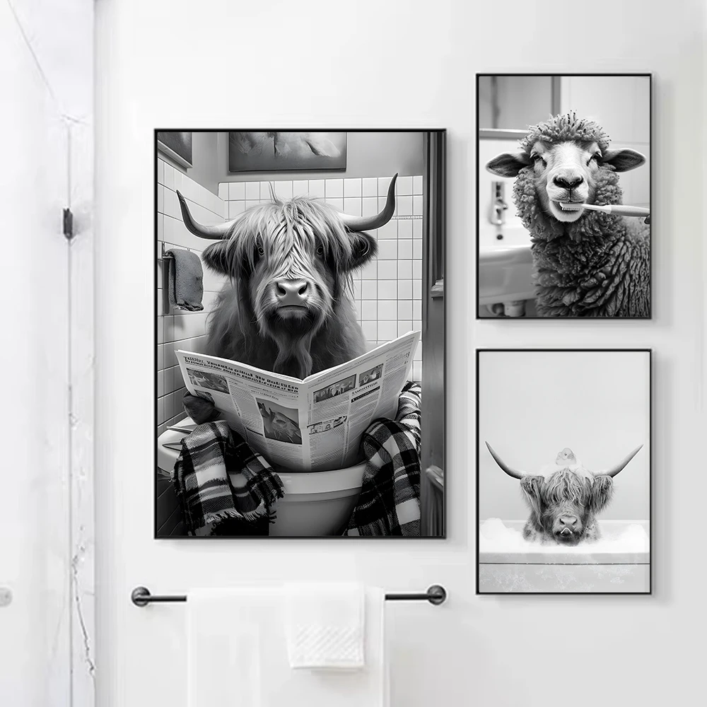 مضحك الحيوانات الياك بالفرشاة الأسنان الحمام أبيض وأسود الملصقات يطبع صورة حائط لوح رسم ديكور فني مرحاض ورق التواليت