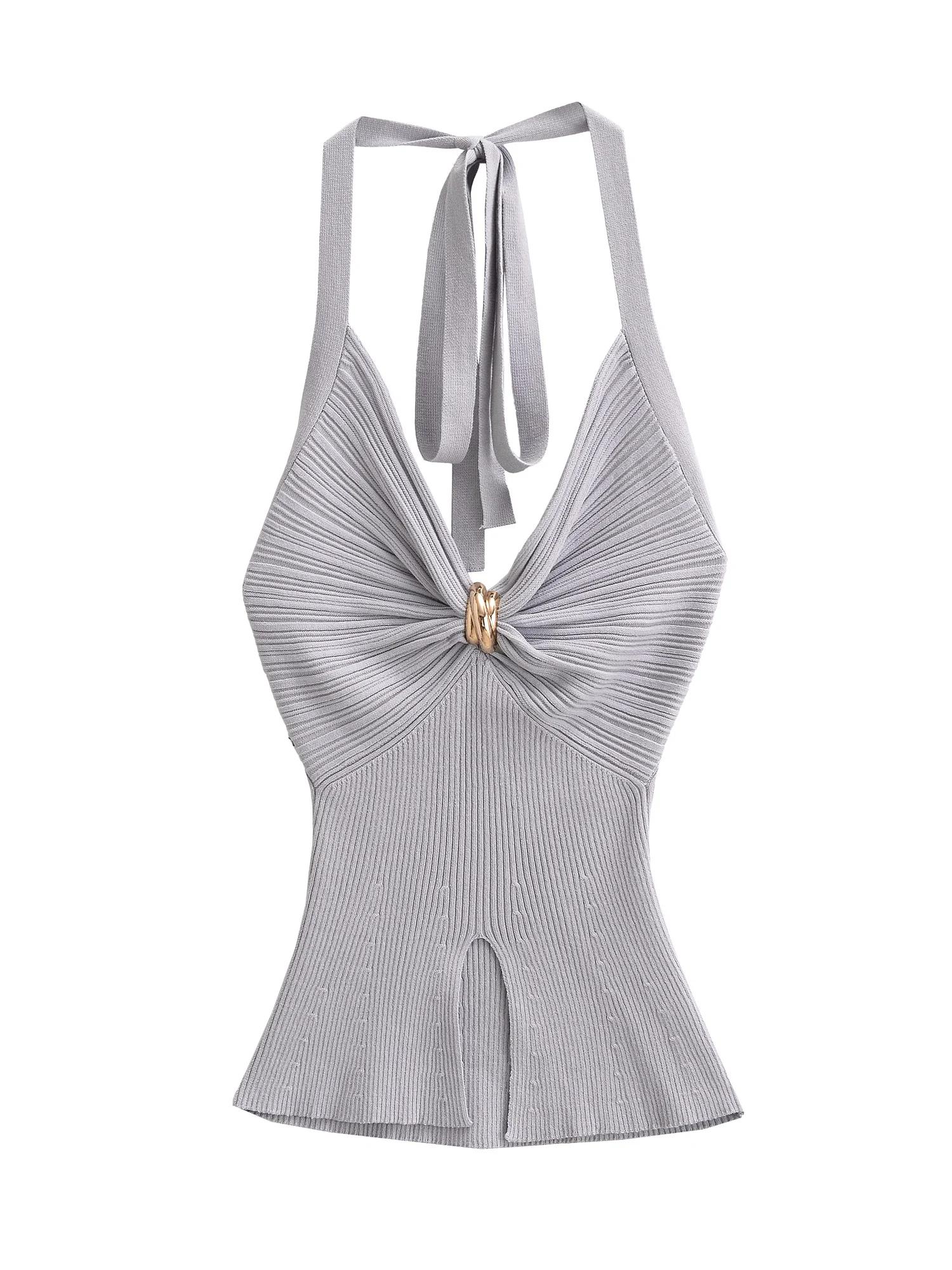 Sexy Knitted Vest Pure Desire Sle V-Ne Slit Metal Bule oulder Bared Belted Slim Fit Hanging Strap Top for Women