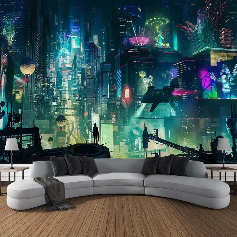 Future City Neon Lamp Tapestry 3d World Home Art Decoration Bohemian Decorative Tapestry Wall Hanging