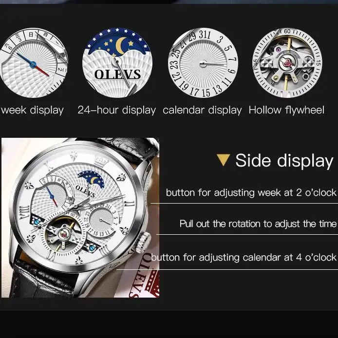 OLEVS 6652 Men Original Flywheel Fully Automatic Mechanical Watch Leather Waterproof Double Calendar Moon Phase Men Watch Reloj