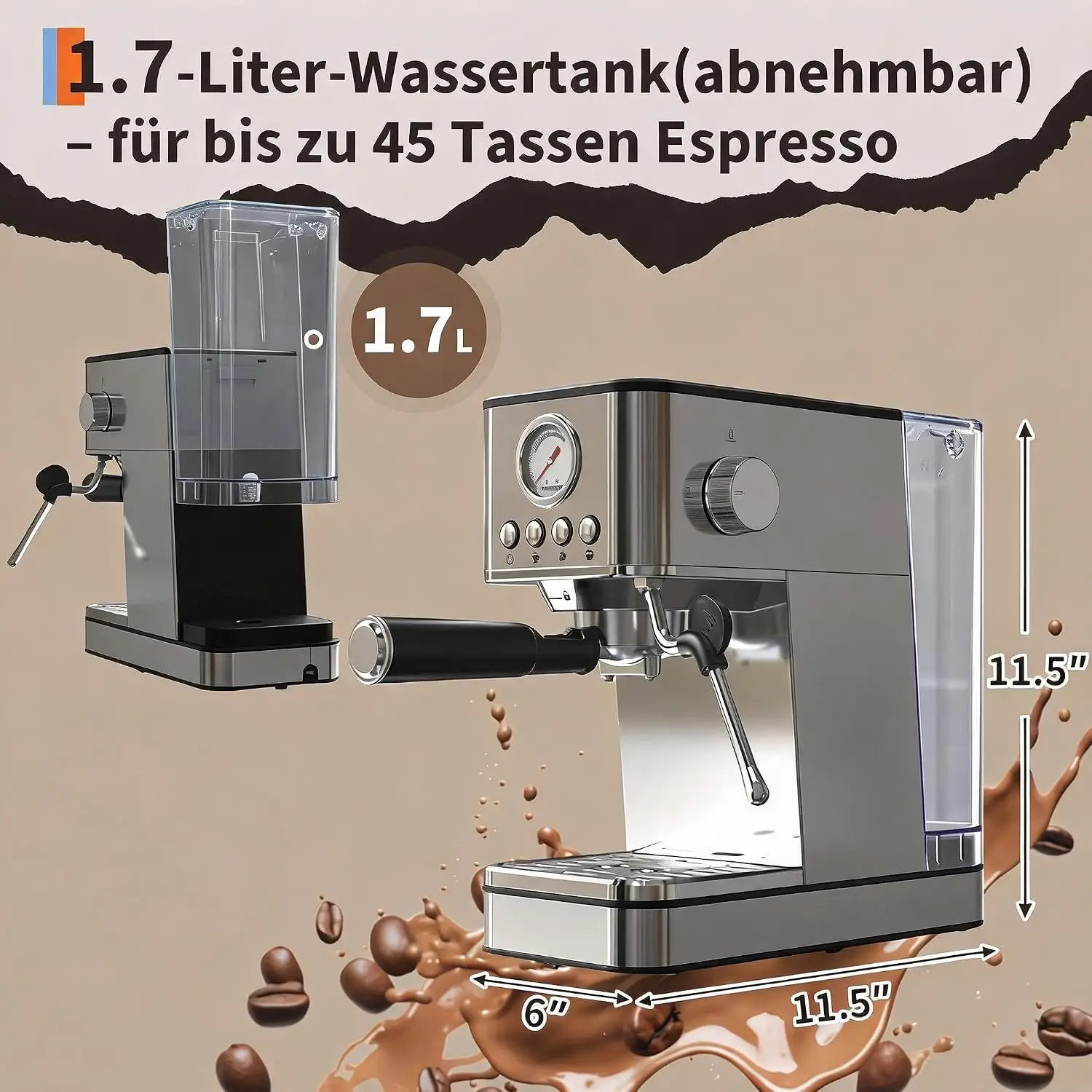 Cafetera Espresso con Filtro Central, 20 Bares, 1200 W, Sistema de Calentamiento Rápido Thermoblock, 360 ° Boquilla para vapor/espumador de leche - depósito de agua extraíble de 1,7 L.