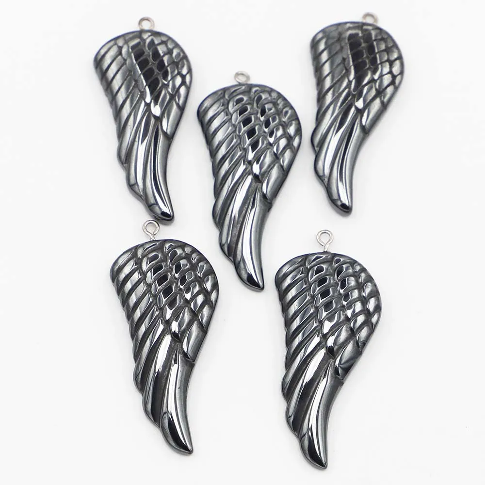 6Pcs No Magnetic Hematite Angel Wings Fairy Pendant Charm Meditation Spiritual Necklace Jewelry Making Extra 44x22x6mm Wholesale