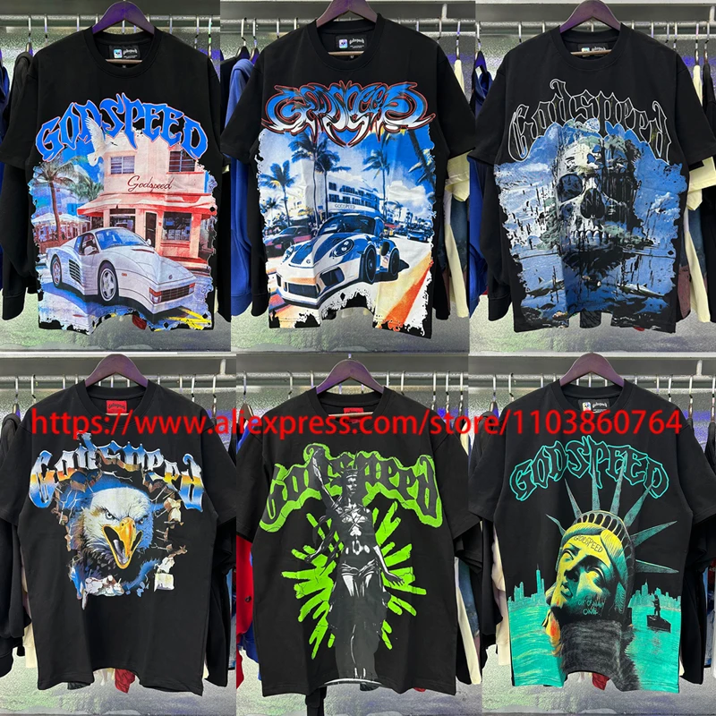 

Высококачественная футболка GOD SPEED 2025 года, американский тренд, летние виды спорта, топы с принтом черепа в стиле хип-хоп, хлопковые футболки Godspeed