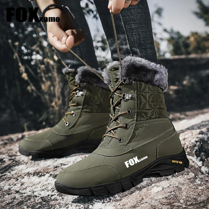 Foxxamo New Winter Men Hiking Boots Outdoor Waterproof Snow Boots Men Warm Fur High-top Walking Cycling Cotton Shoes Non-slip