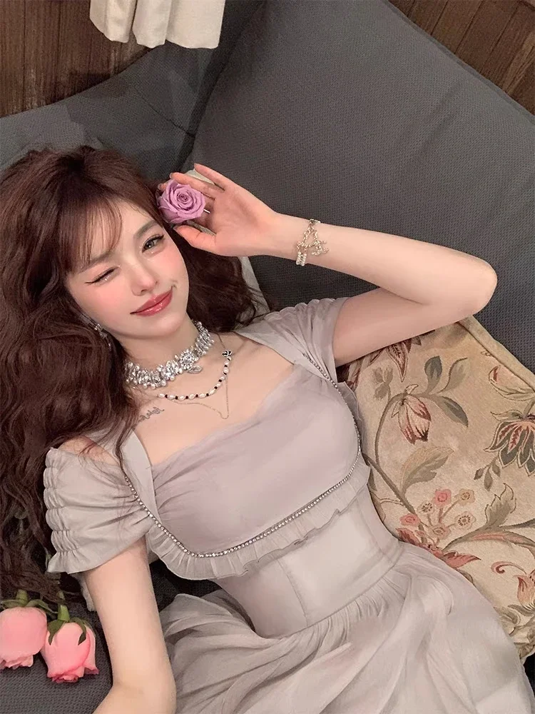 

Korean Casual Midi Dress for Women 2024 New Summer Fashion Elegant Off The Shoulder Folds Ruffle Female Clothes Birthday Dress