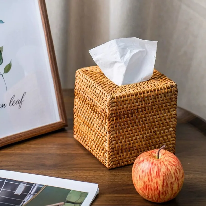 

Vine woven tissue paper box, square hollow tissue paper box, retro restaurant desktop living room flip tissue storage box