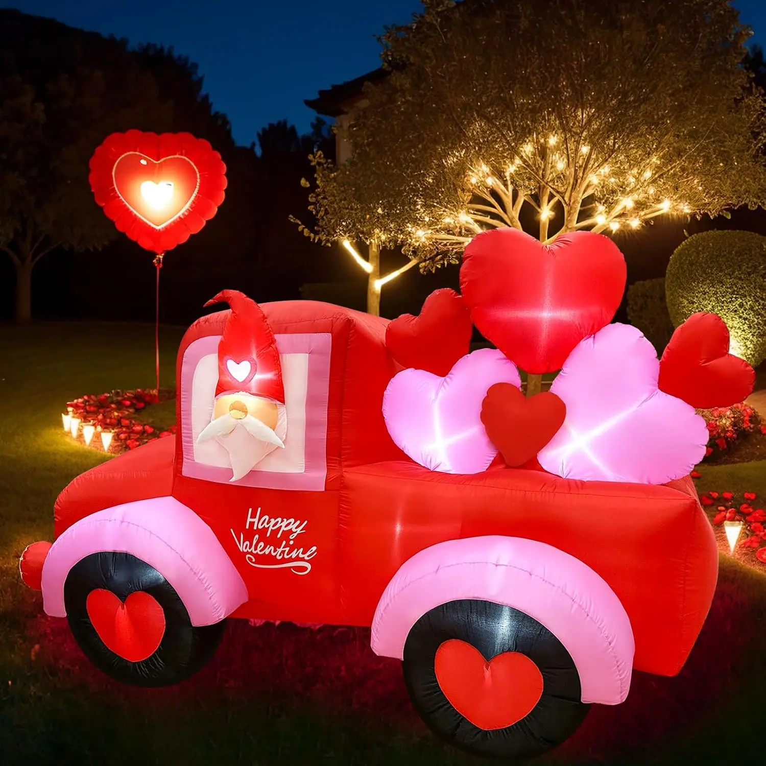 8FT Valentines Day Inflatables Outdoor Decorations Gnome Drives Car with LED Lights Sweet Heart Love Car Valentines Gifts Toys