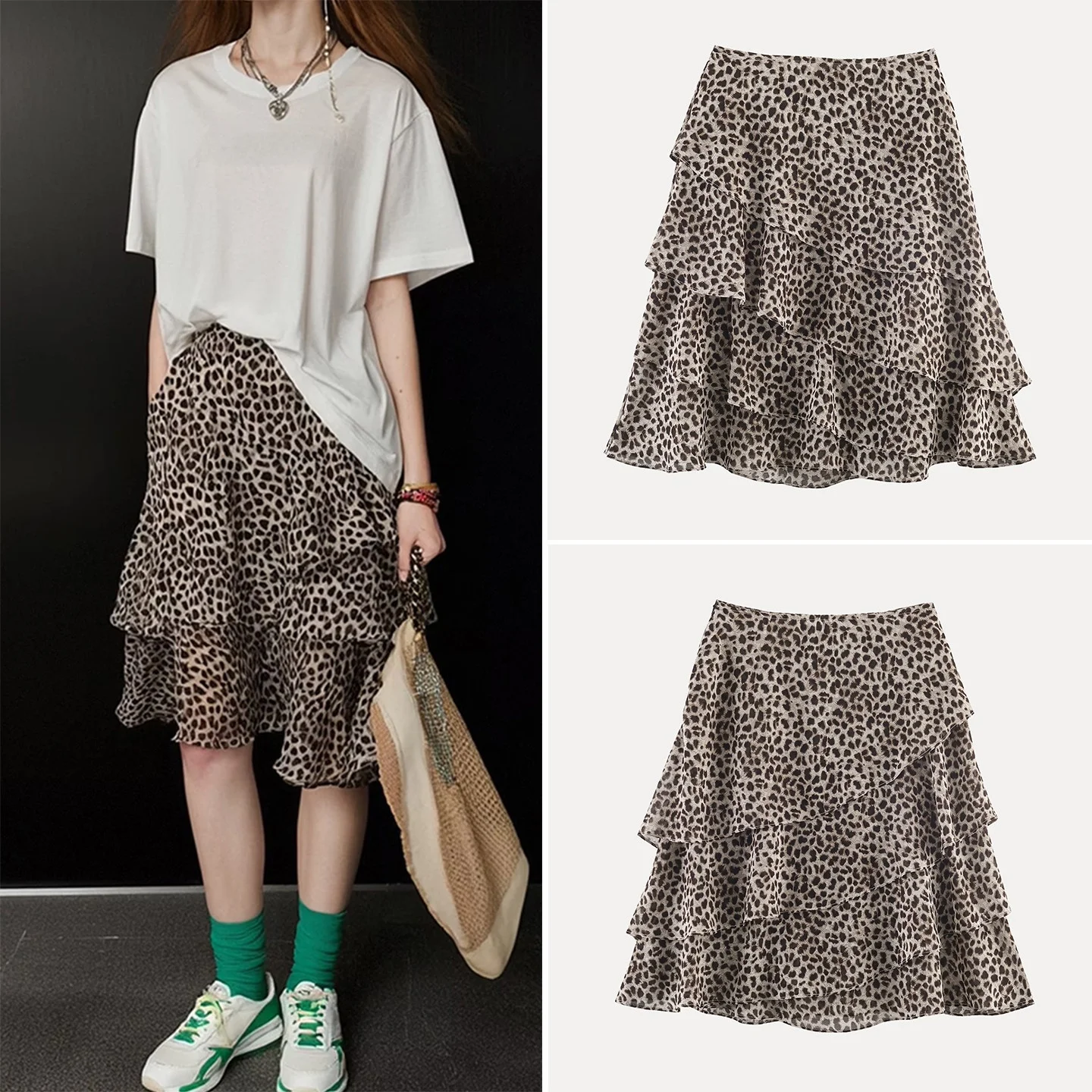

Spring 2026 New Women's Fashion Leopard Print Chiffon Asymmetrical Half-length A-line Skirt Standard Fit Midi Skirt