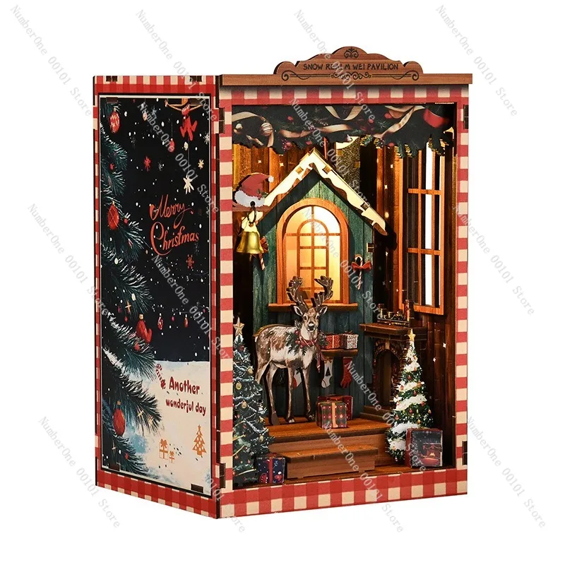 Snowy Pavilion DIY Bookend House Model, Christmas Festival Miniature Scene, Handmade Wooden Assembly Book Decor