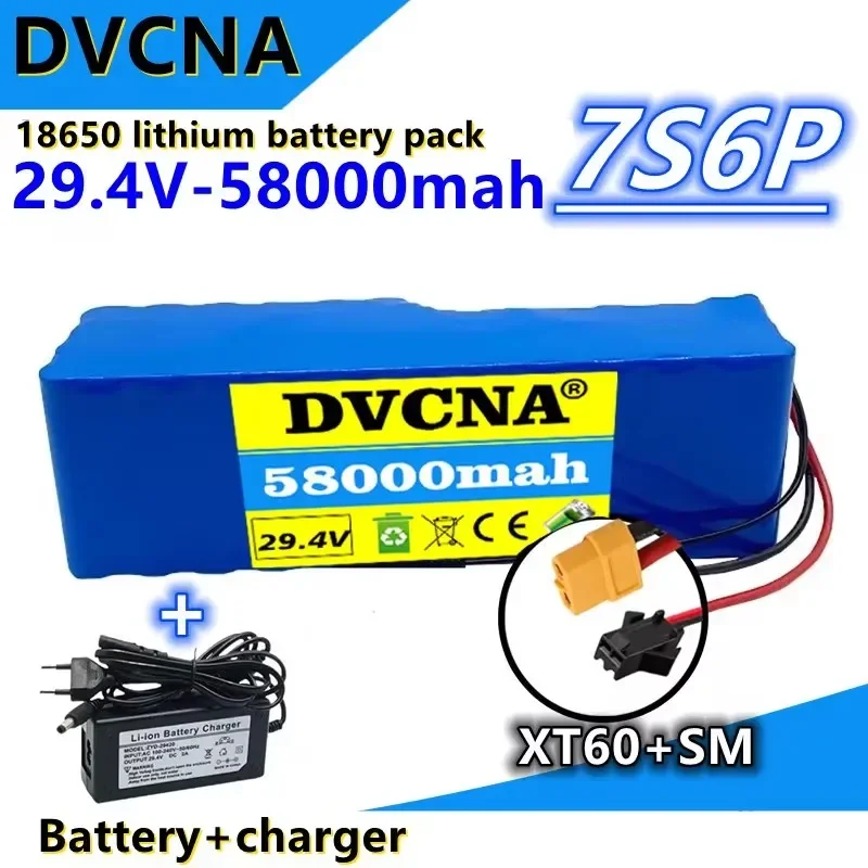 2024 7S6P 24V 29.4 V 58000mah rechargeable lithium battery 18650 charger custom plug, with BMS DIY battery pack+free shipping