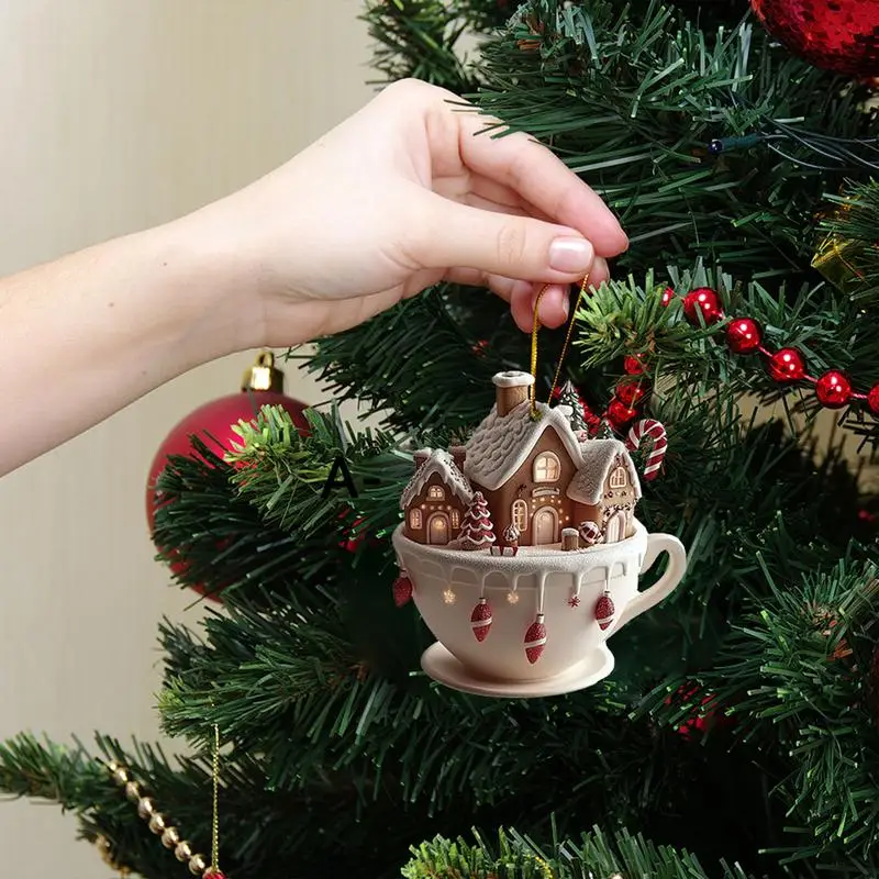 Coffee Cup Ornaments For Christmas Tree 2D Acrylic Christmas Snow Houses Chocolate Mug Pendant Christmas Tree & car Decor