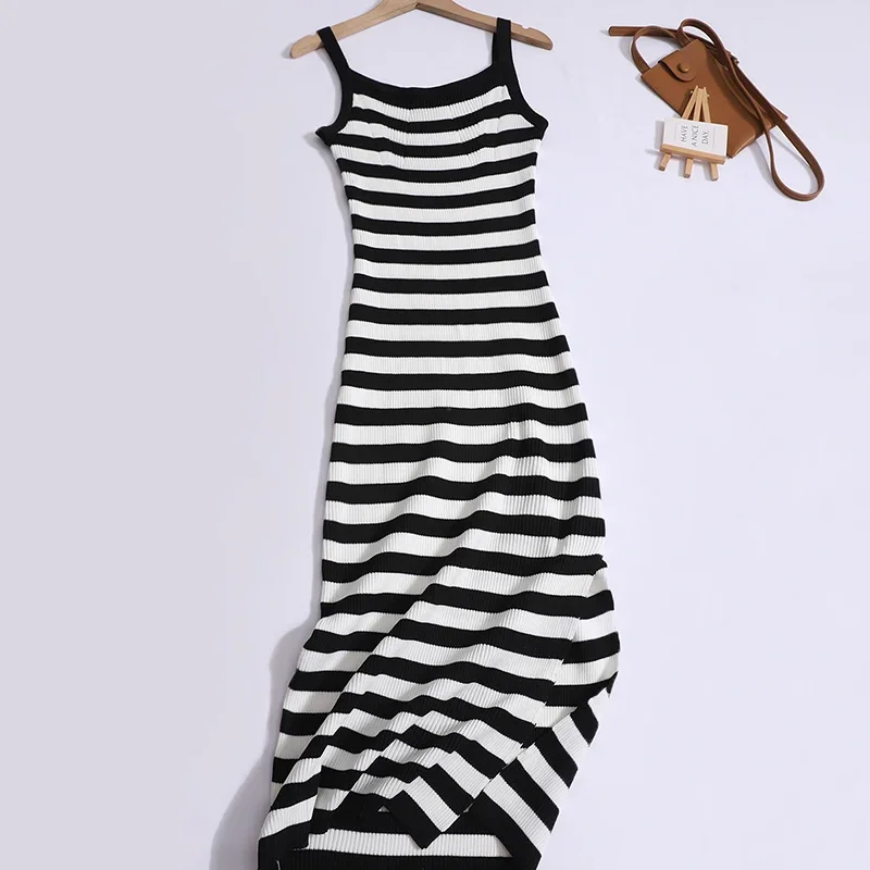 2024 New Summer Sexy Contrast Color Striped Clavicle Dress with Slip Tight Waist Slim Split Knitted Long Dress Women