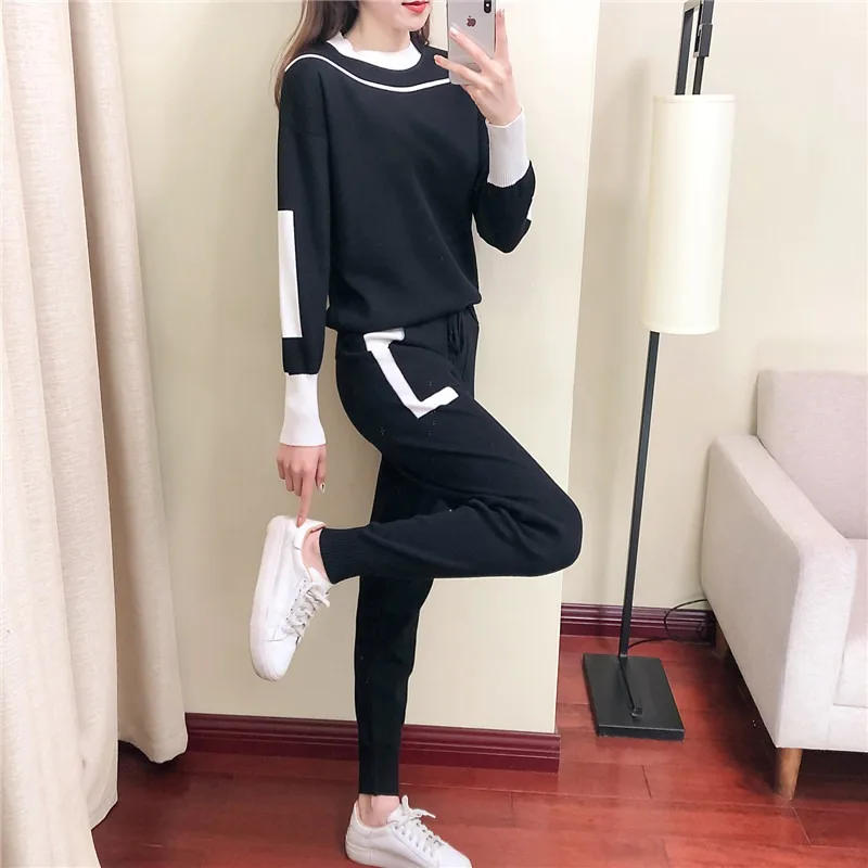 2024 Autumn 2 Pieces Set Knitted Long Sleeve Pullovers Sweater Casual Patchwork Fashion Women Tops and Pants Suits Spring