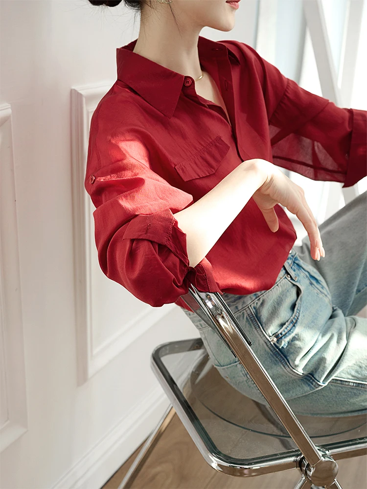 

Retro Red Silk Women's Summer Thin Loose Casual Sun Protection Open Cardigan Chiffon Shirt Outerwear Korean Style Long Sleeve