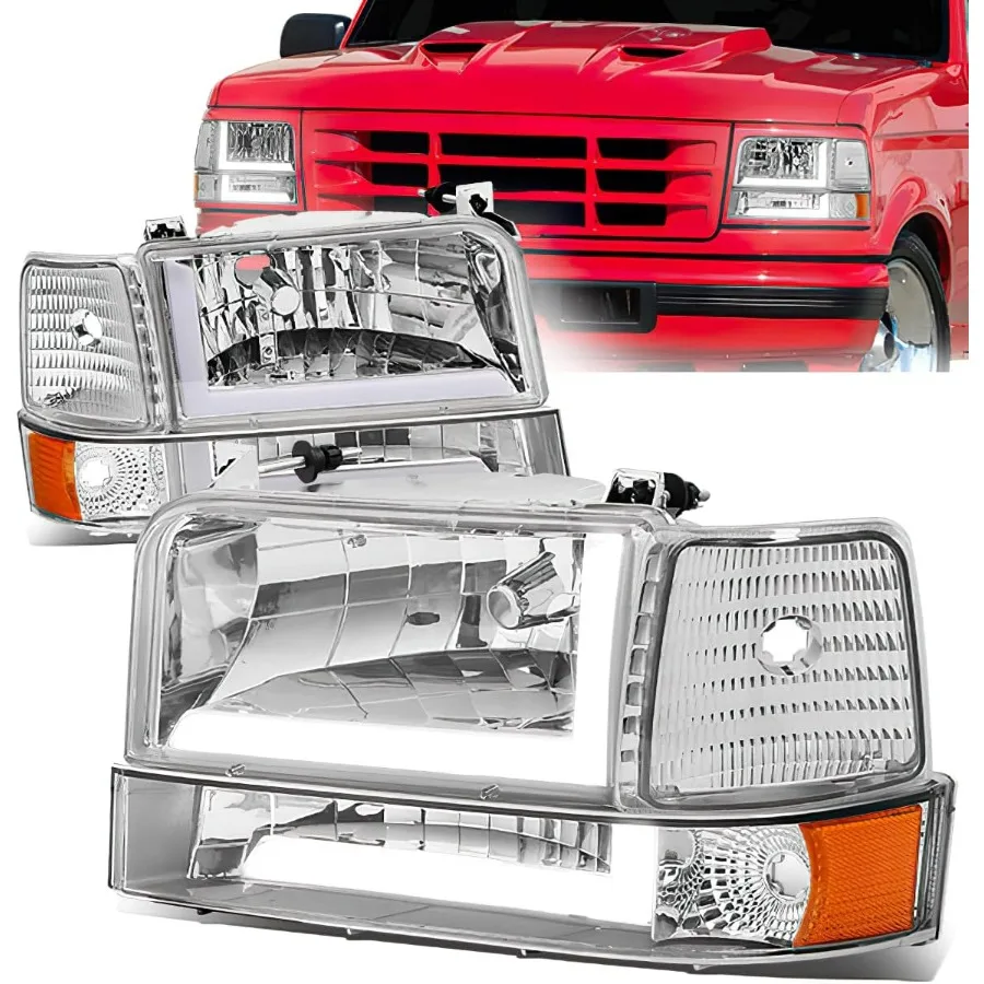 

Фары в сборе с подсветкой бампера, совместимые с Ford F-150 F-250 F-350 Bronco, хромированный корпус 1992-1996 годов, янтарный угол FO250