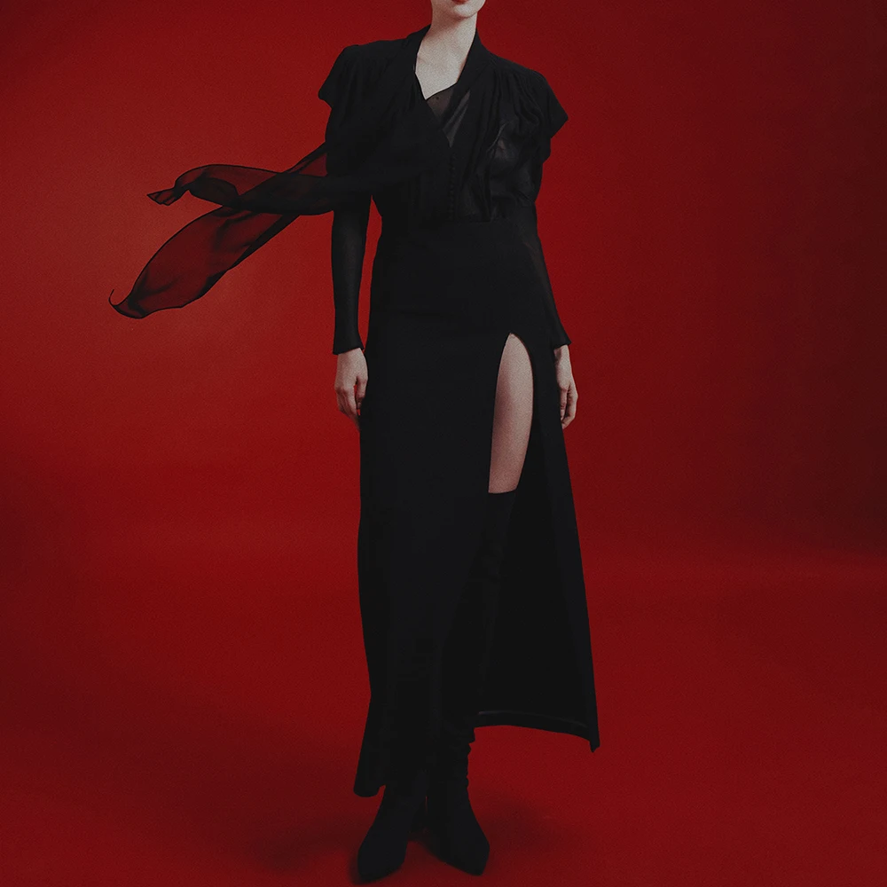 TWOTWurea-Chemisier à plis épissés YLE pour femmes, col en V solide, manches longues, haut patchwork transparent, vêtements féminins, tempérament, nouveau