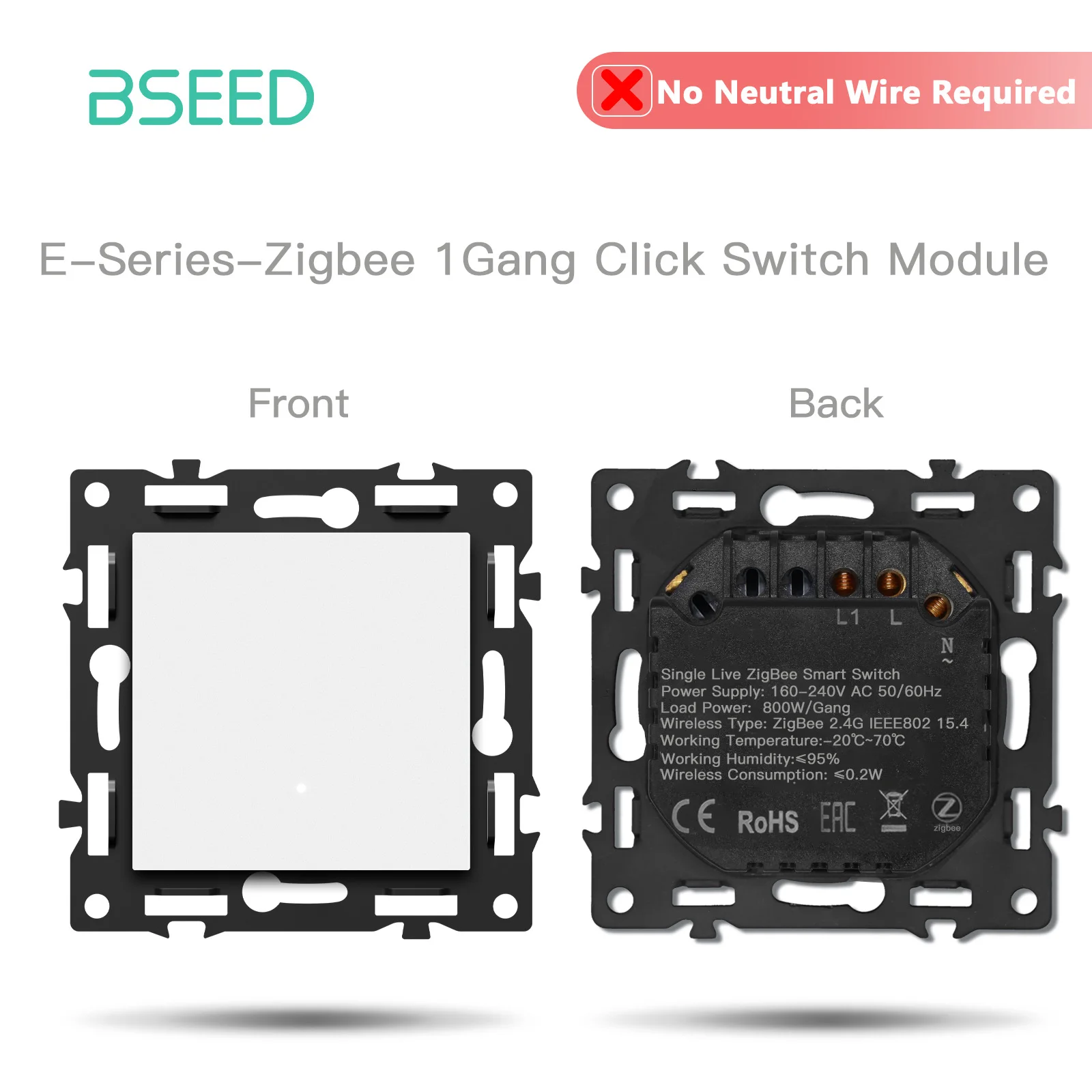 BSEED Zigbee-Schaltmodul ohne Neutralleiter, Smart-Steckdosen, DIY-Kombination, 86mm Glasrahmen, ST TV Cat6 Schlüssel