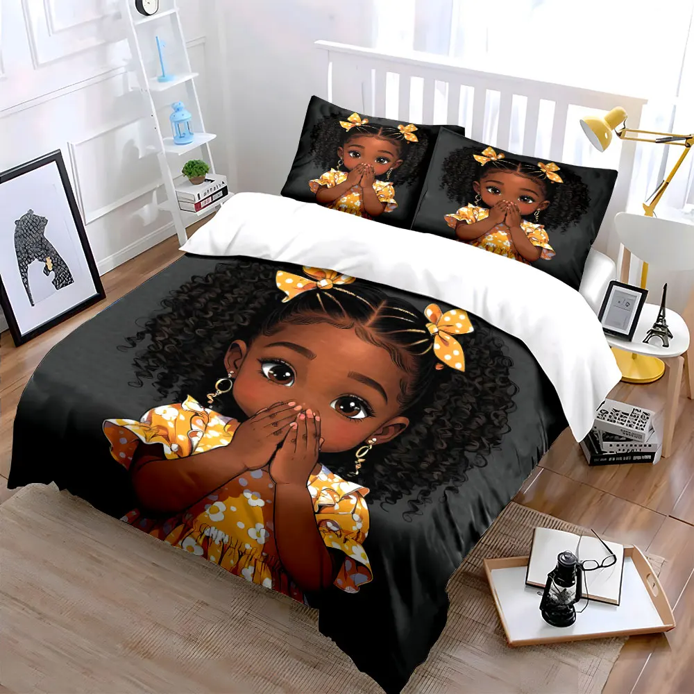 Praying Curly Hair Black Girl Duvet Cover Set,Yellow Polka Dot Dress Faith Bedding Includes 1 Duvet Cover And 2 Pillowcase,Gift